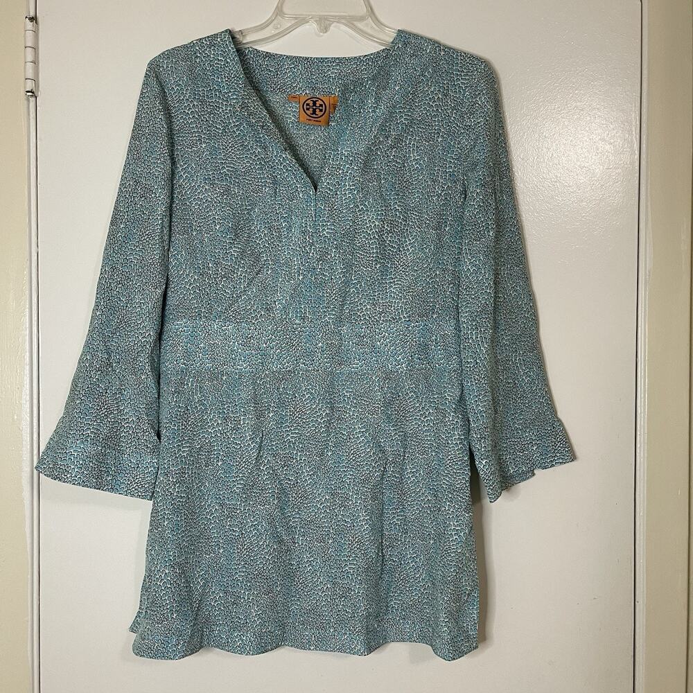 Tory Burch blue printed silk vneck tunic blouse top size 10